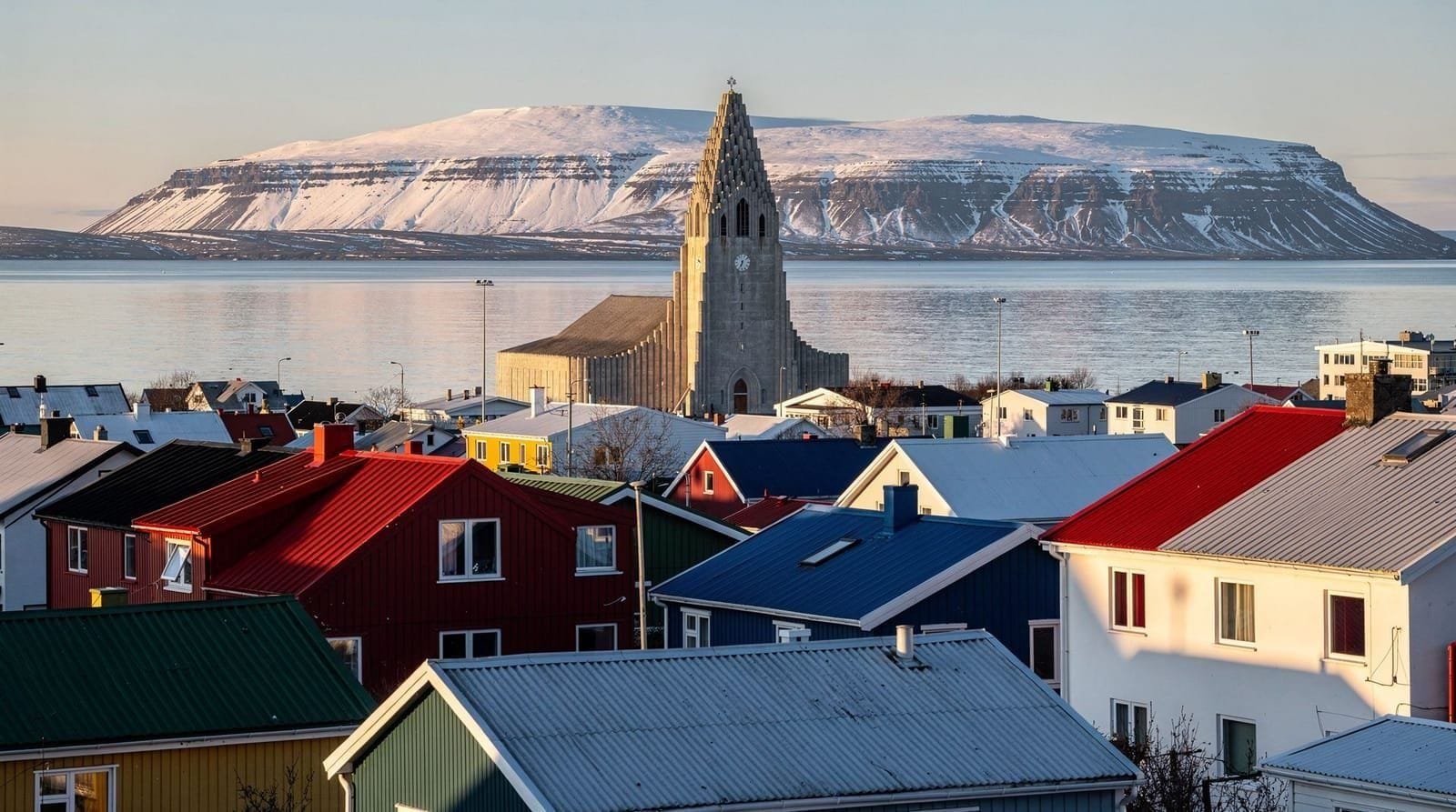 Reykjavik harbour and Mount Esja at dusk